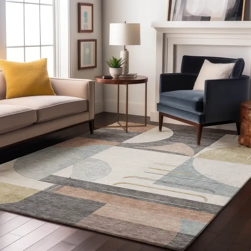 Rust Ivory And Gray Geometric Washable Area Rug With UV Protection Photo 4