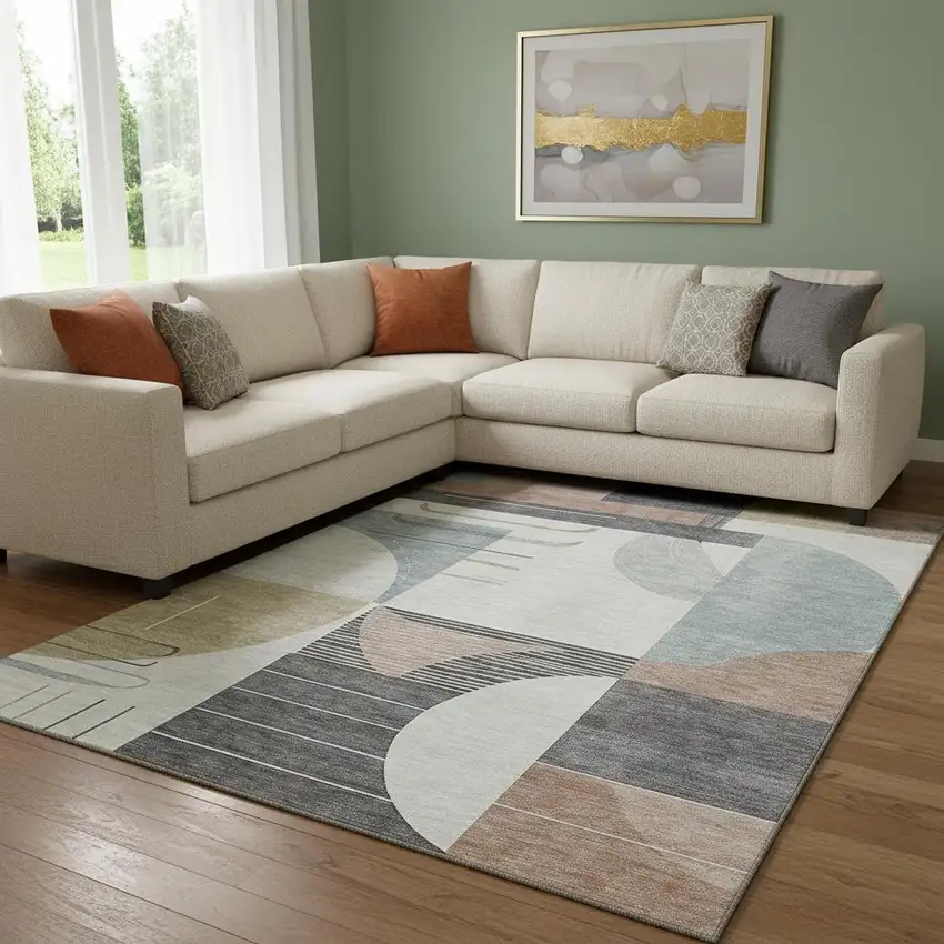 Rust Ivory And Gray Geometric Washable Area Rug With UV Protection Photo 2