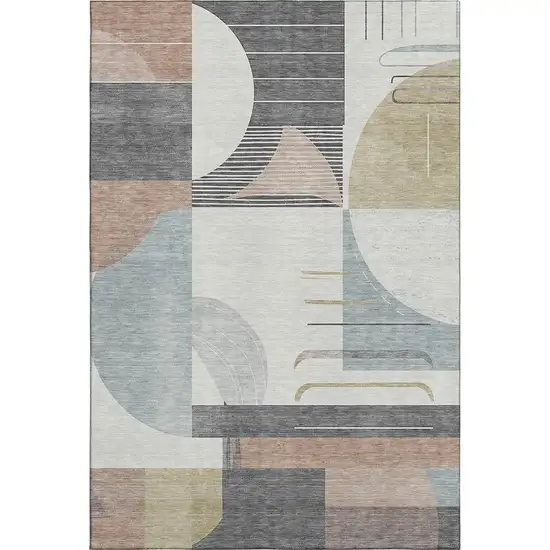 Rust Ivory And Gray Geometric Washable Area Rug With UV Protection Photo 1