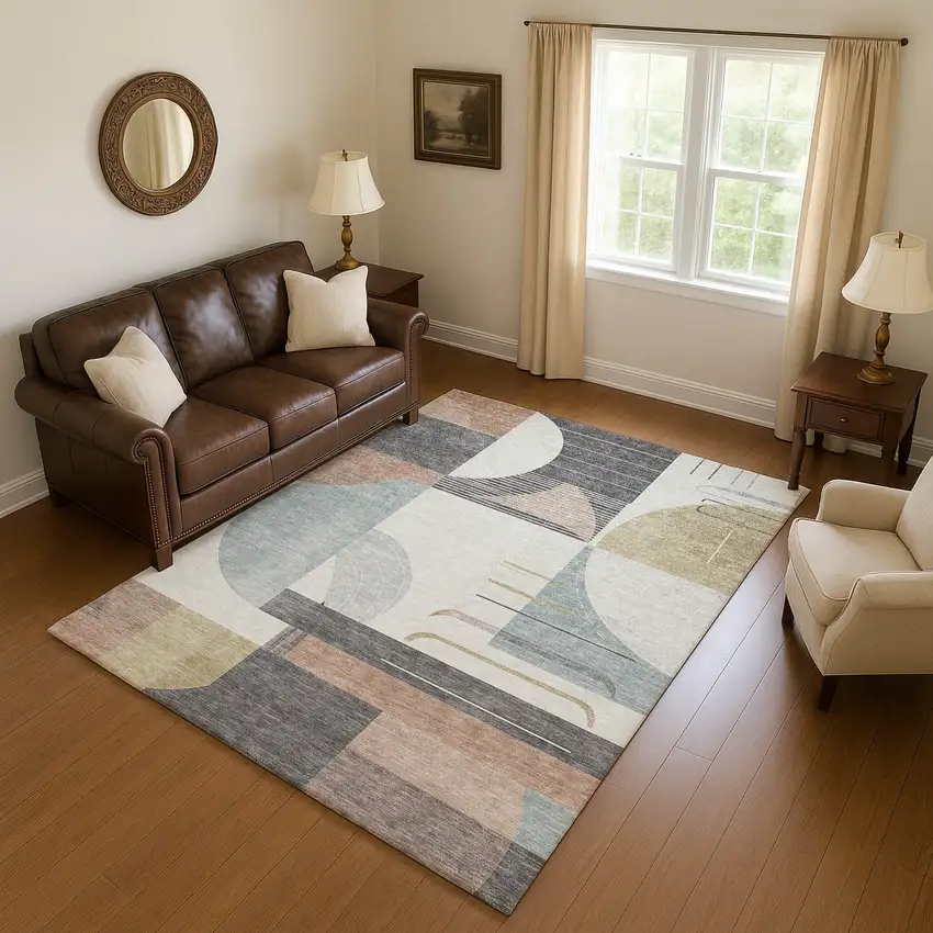 Rust Ivory And Gray Geometric Washable Area Rug With UV Protection Photo 4