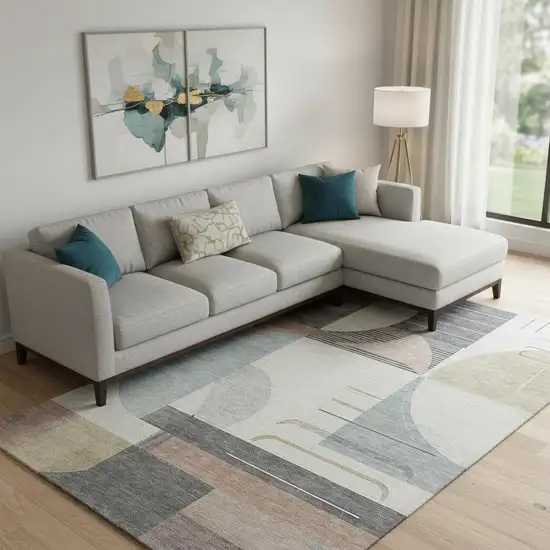 Rust Ivory And Gray Geometric Washable Area Rug With UV Protection Photo 2