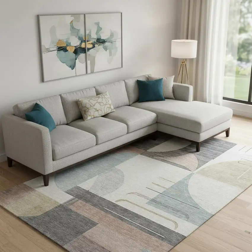 Rust Ivory And Gray Geometric Washable Area Rug With UV Protection Photo 2