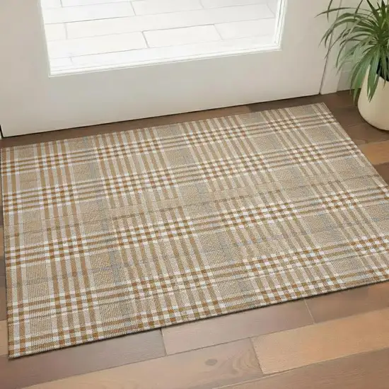 Rust Ivory And Gray Plaid Washable Area Rug With UV Protection Photo 2
