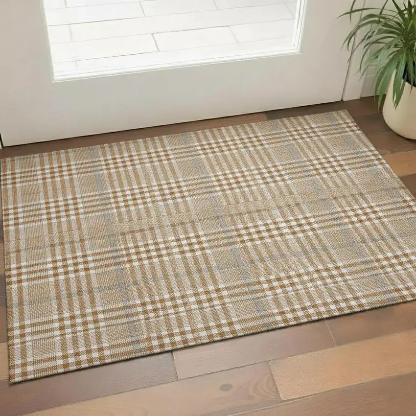 Rust Ivory And Gray Plaid Washable Area Rug With UV Protection Photo 2