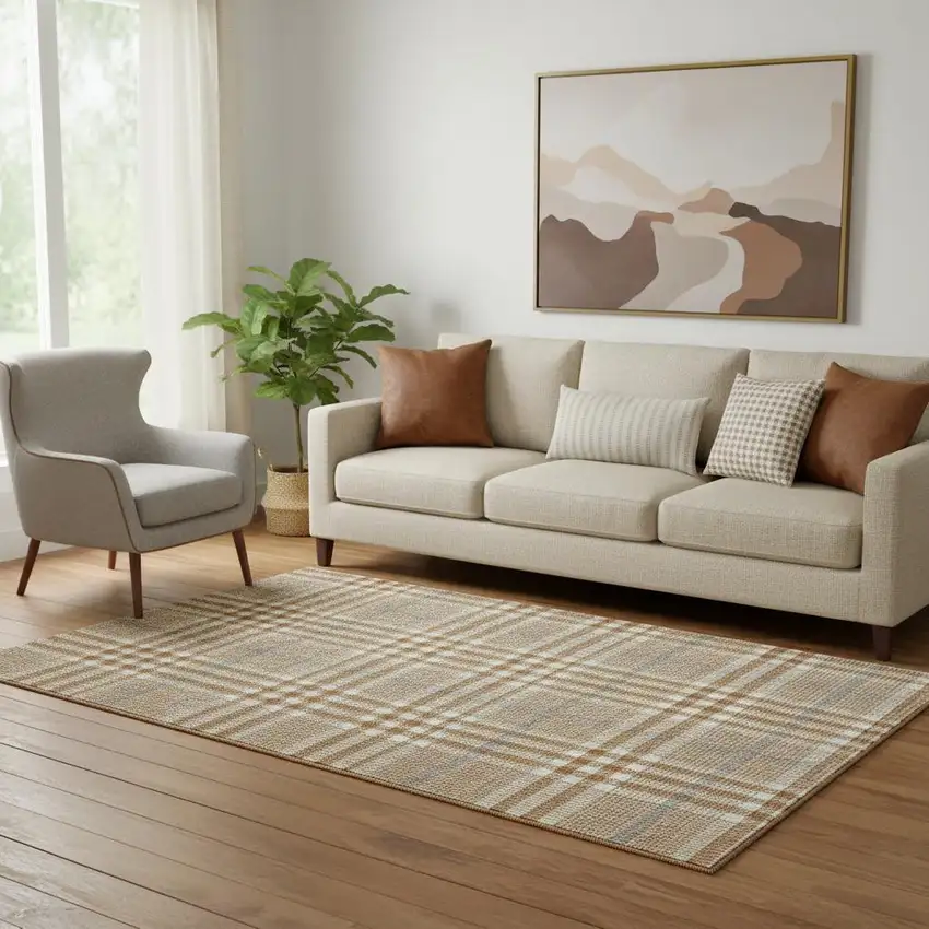 Rust Ivory And Gray Plaid Washable Area Rug With UV Protection Photo 2