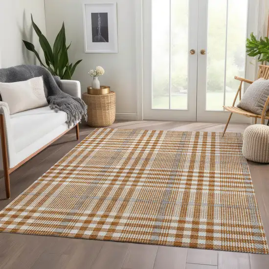 Rust Ivory And Gray Plaid Washable Area Rug With UV Protection Photo 5