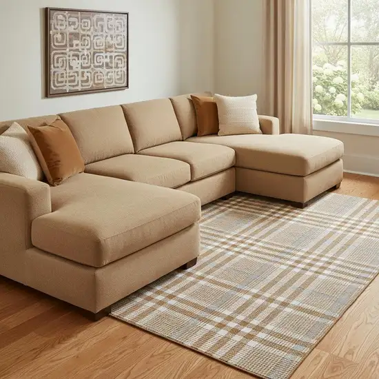 Rust Ivory And Gray Plaid Washable Area Rug With UV Protection Photo 2
