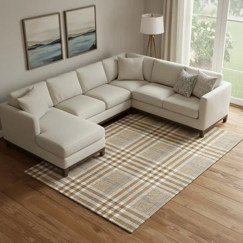Rust Ivory And Gray Plaid Washable Area Rug With UV Protection Photo 2