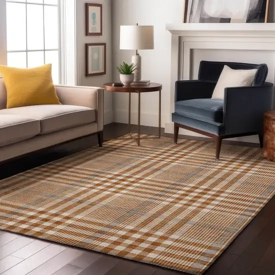 Rust Ivory And Gray Plaid Washable Area Rug With UV Protection Photo 4