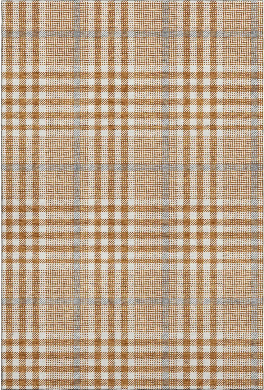 Rust Ivory And Gray Plaid Washable Area Rug With UV Protection Photo 1