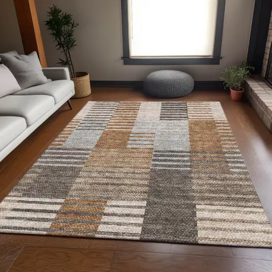Rust Ivory And Gray Striped Washable Area Rug With UV Protection Photo 4