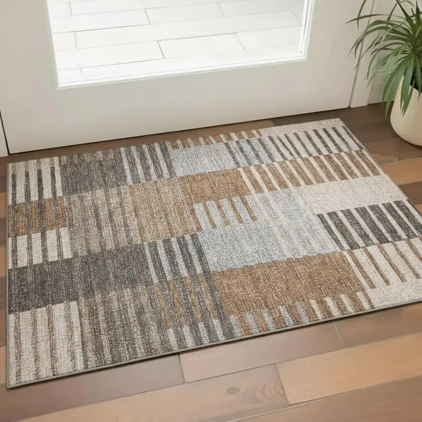 Rust Ivory And Gray Striped Washable Area Rug With UV Protection Photo 1