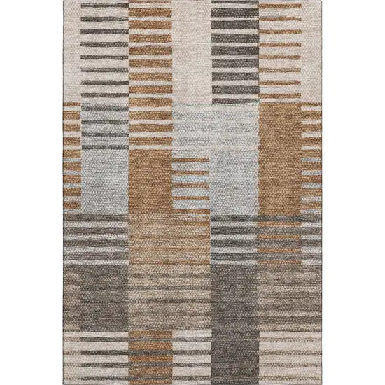 Rust Ivory And Gray Striped Washable Area Rug With UV Protection Photo 1