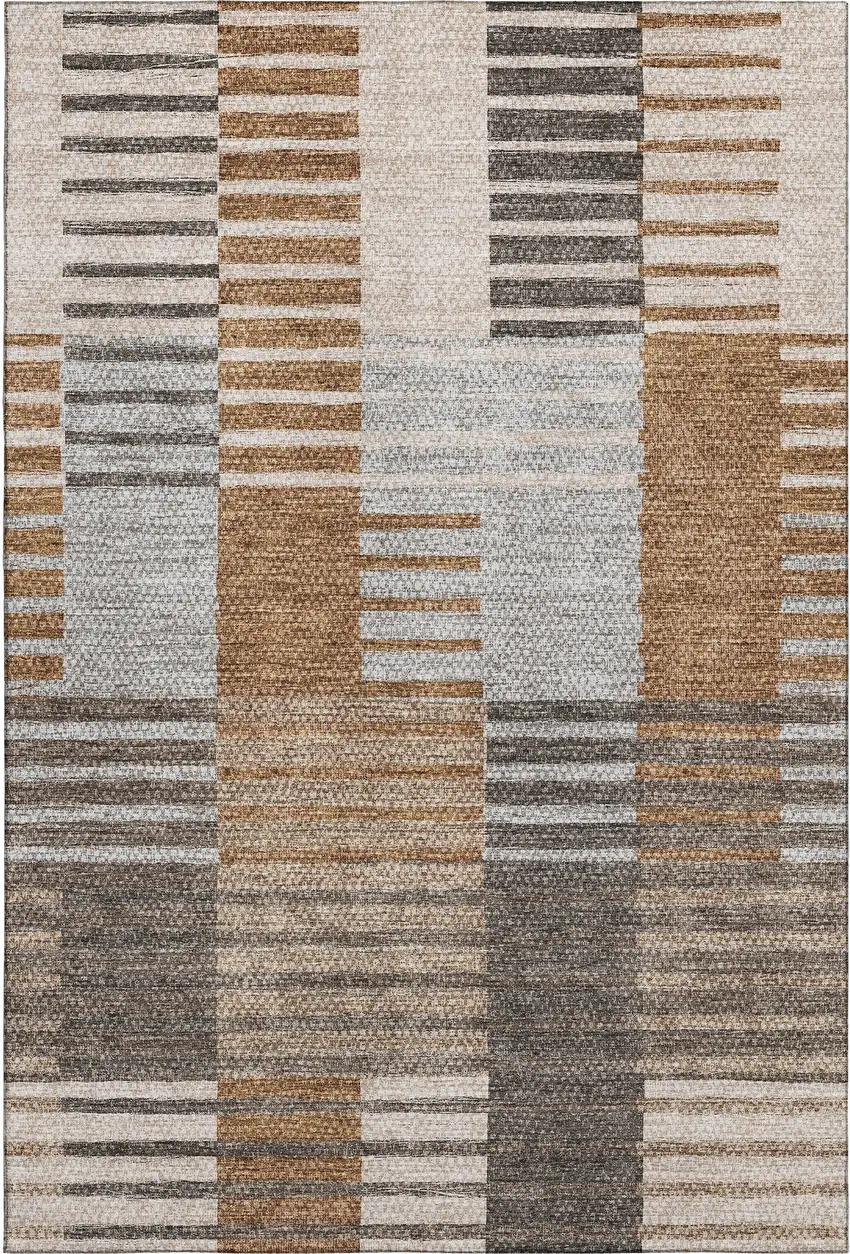 Rust Ivory And Gray Striped Washable Area Rug With UV Protection Photo 1
