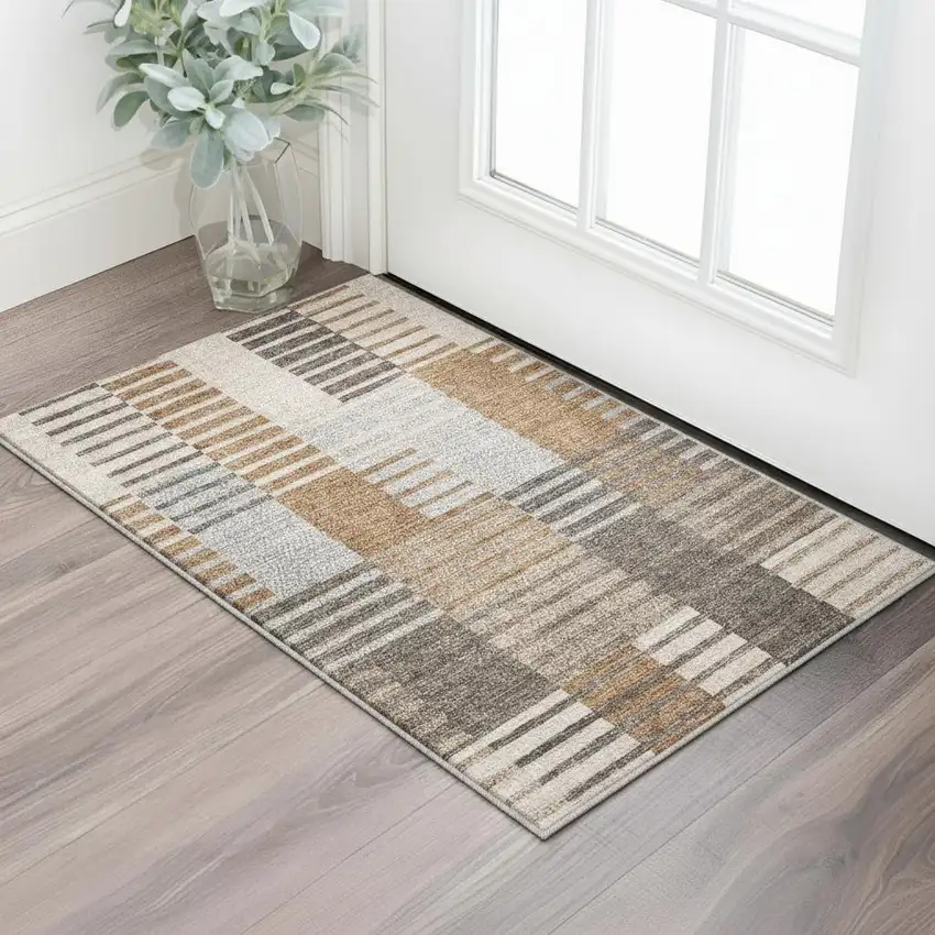Rust Ivory And Gray Striped Washable Area Rug With UV Protection Photo 2
