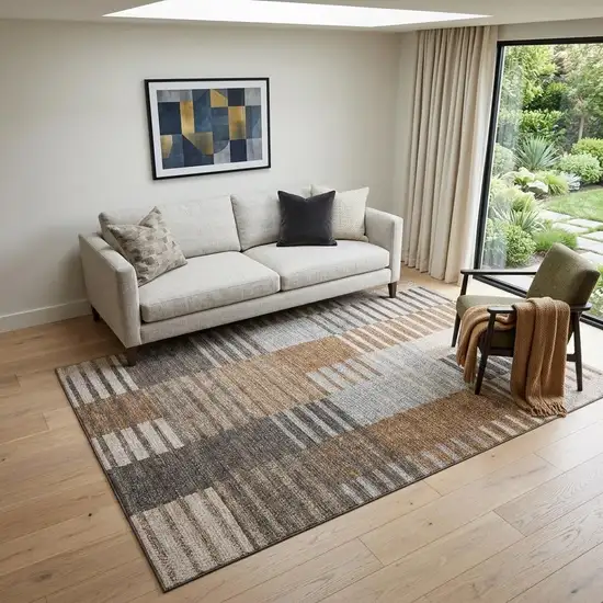 Rust Ivory And Gray Striped Washable Area Rug With UV Protection Photo 1