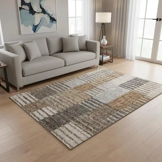 Rust Ivory And Gray Striped Washable Area Rug With UV Protection Photo 1