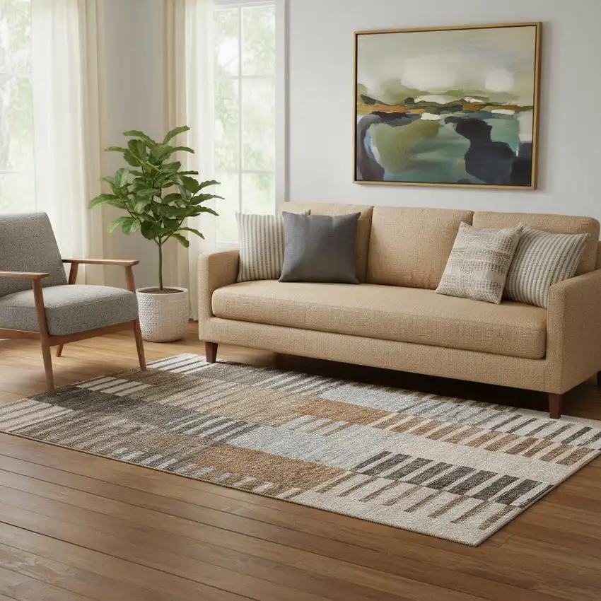 Rust Ivory And Gray Striped Washable Area Rug With UV Protection Photo 1