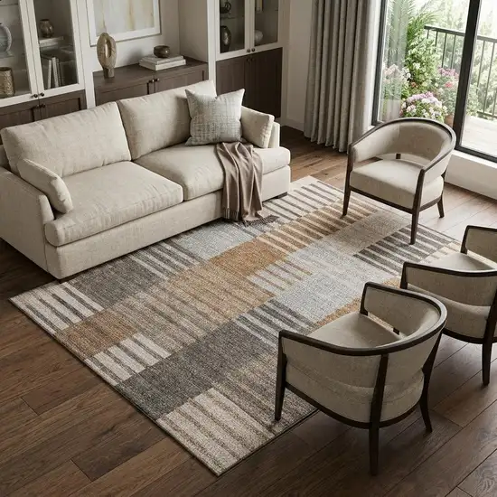Rust Ivory And Gray Striped Washable Area Rug With UV Protection Photo 1
