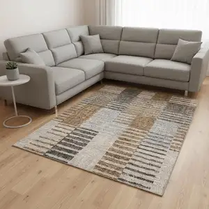 Photo of Rust Ivory And Gray Striped Washable Area Rug With UV Protection