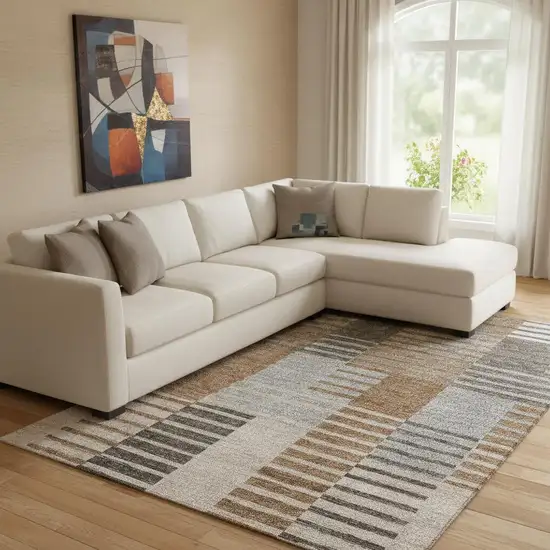 Rust Ivory And Gray Striped Washable Area Rug With UV Protection Photo 1