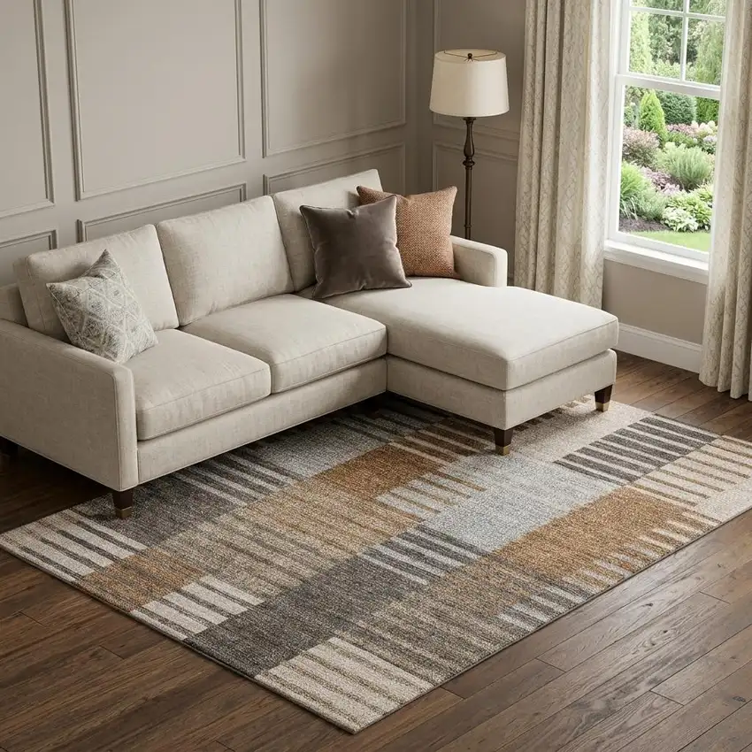 Rust Ivory And Gray Striped Washable Area Rug With UV Protection Photo 1