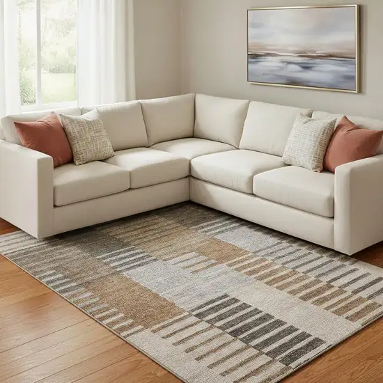 Rust Ivory And Gray Striped Washable Area Rug With UV Protection Photo 1