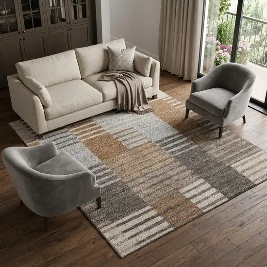Rust Ivory And Gray Striped Washable Area Rug With UV Protection Photo 1