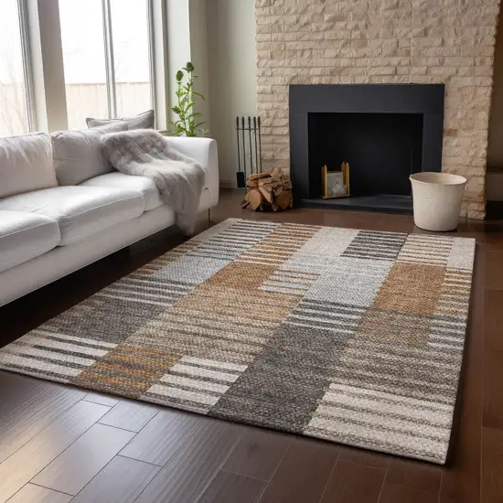 Rust Ivory And Gray Striped Washable Area Rug With UV Protection Photo 4