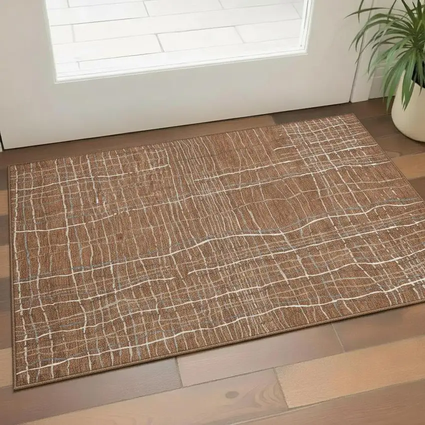 Rust Ivory And Gray Striped Washable Area Rug With UV Protection Photo 2