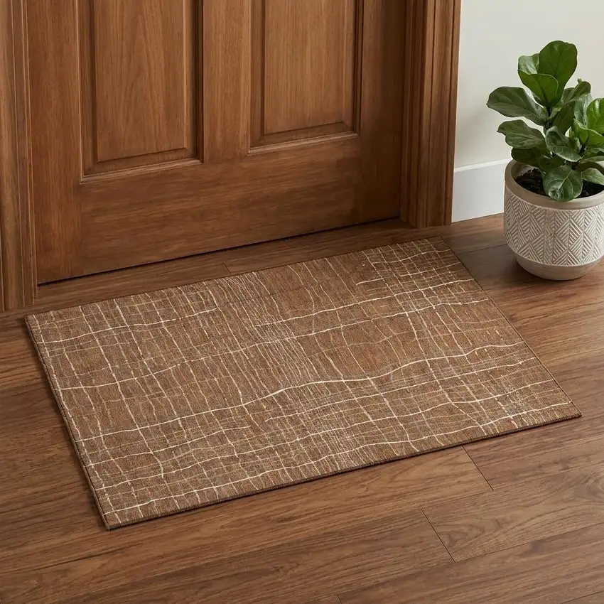 Rust Ivory And Gray Striped Washable Area Rug With UV Protection Photo 1