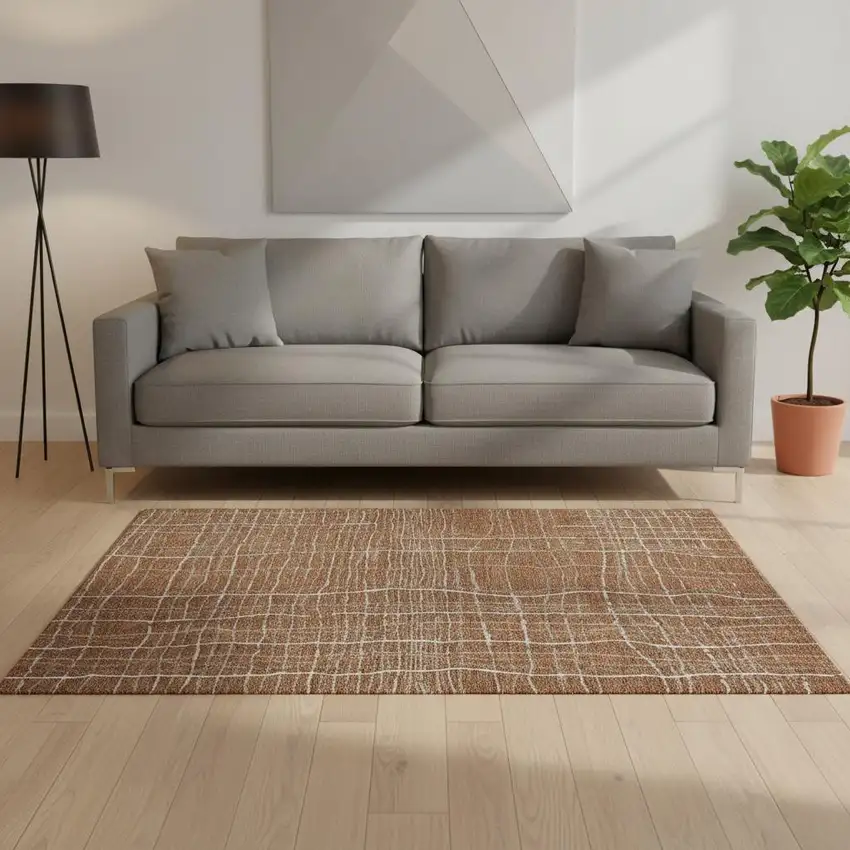 Rust Ivory And Gray Striped Washable Area Rug With UV Protection Photo 2