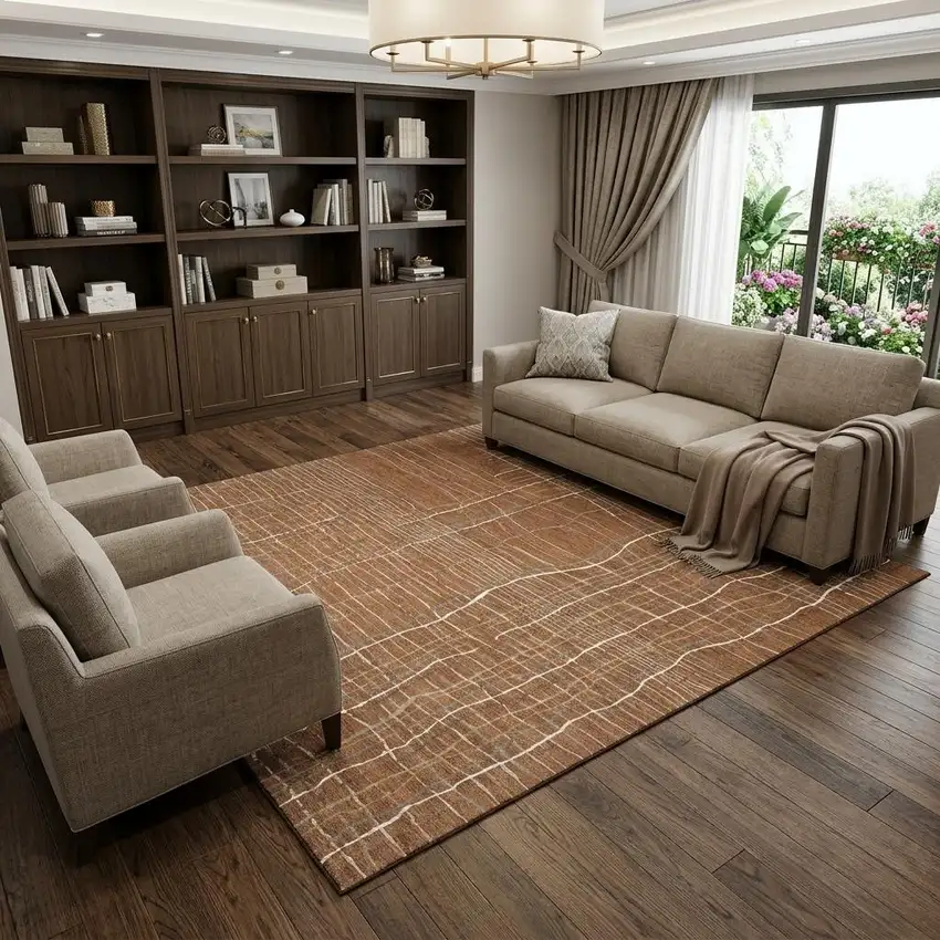 Rust Ivory And Gray Striped Washable Area Rug With UV Protection Photo 1