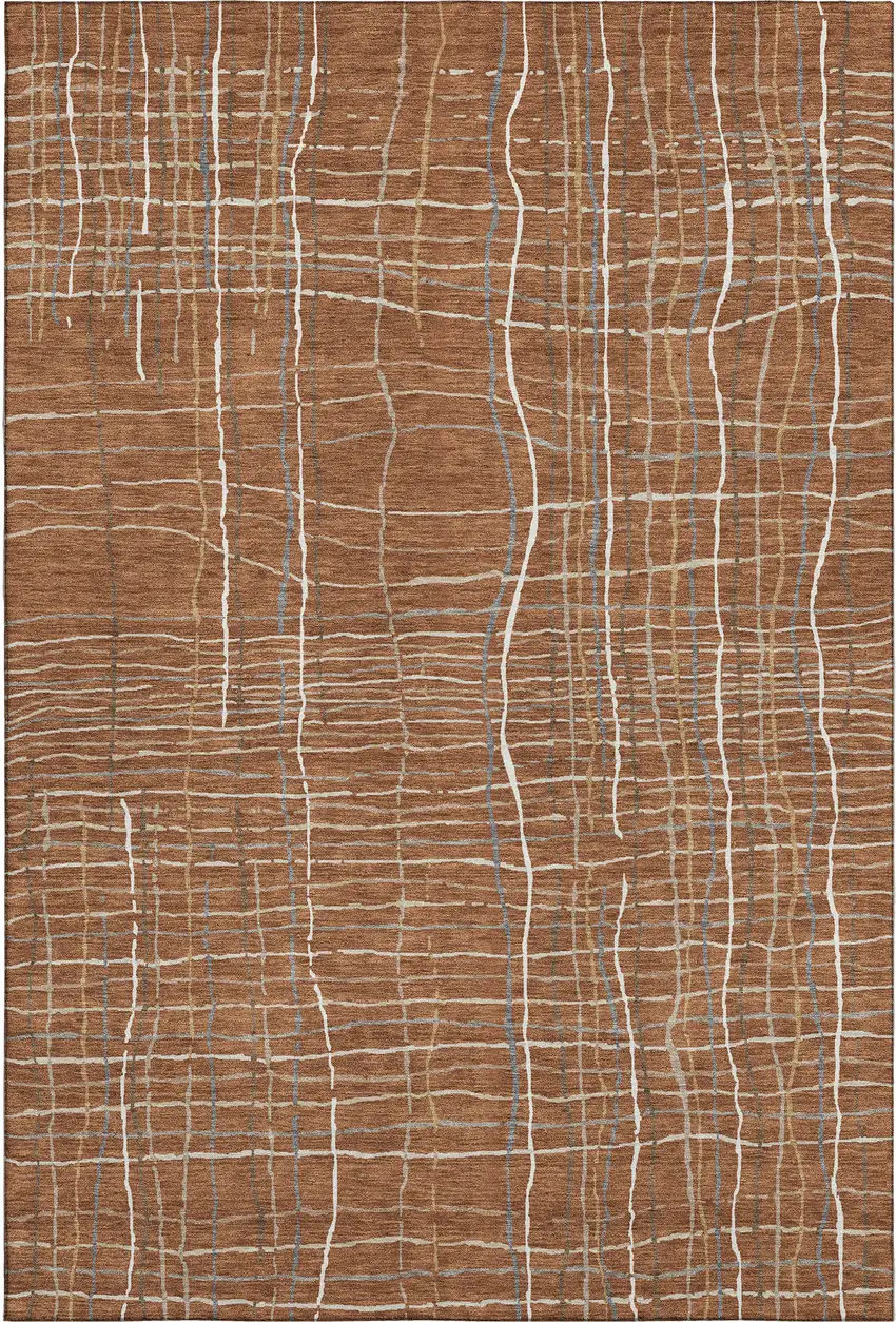 Rust Ivory And Gray Striped Washable Area Rug With UV Protection Photo 1