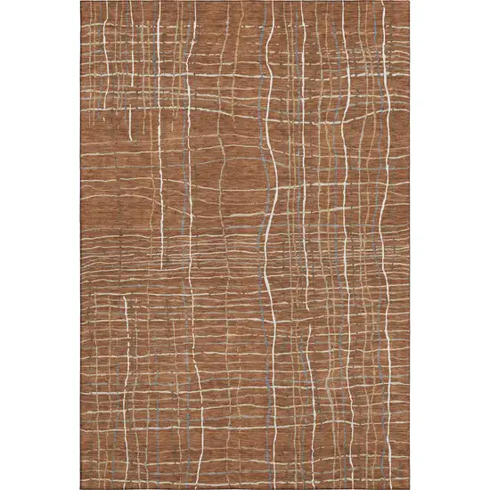 Rust Ivory And Gray Striped Washable Area Rug With UV Protection Photo 1
