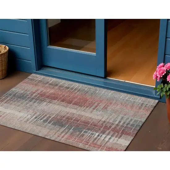 Rust Ivory And Gray Striped Washable Indoor Outdoor Area Rug Photo 1
