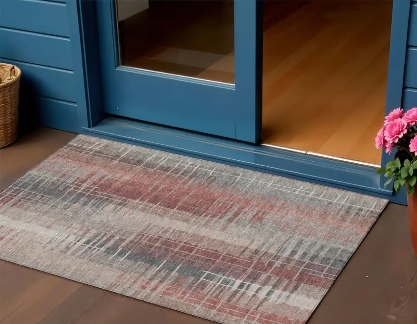 Rust Ivory And Gray Striped Washable Indoor Outdoor Area Rug Photo 1