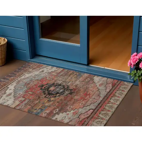 Rust Ivory And Gray Tribal Washable Indoor Outdoor Area Rug Photo 2