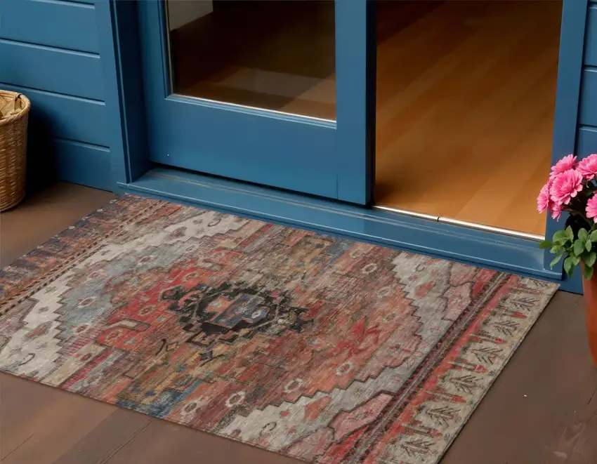 Rust Ivory And Gray Tribal Washable Indoor Outdoor Area Rug Photo 2