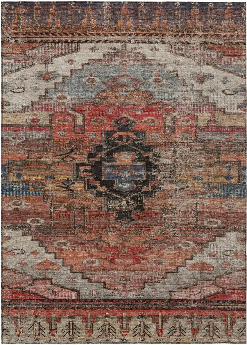 Rust Ivory And Gray Tribal Washable Indoor Outdoor Area Rug Photo 1