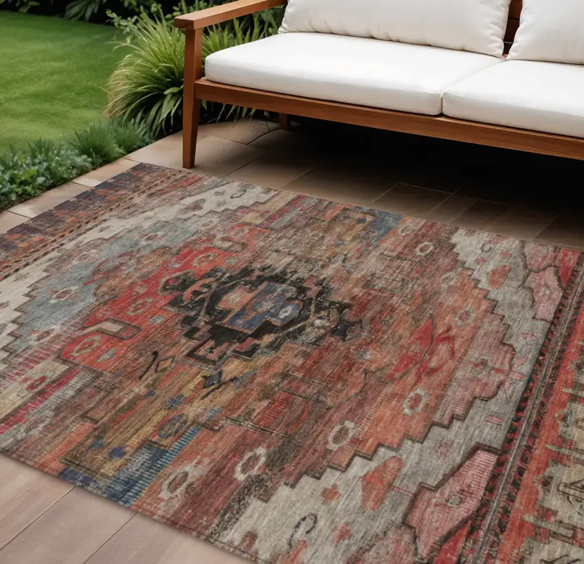 Rust Ivory And Gray Tribal Washable Indoor Outdoor Area Rug Photo 2