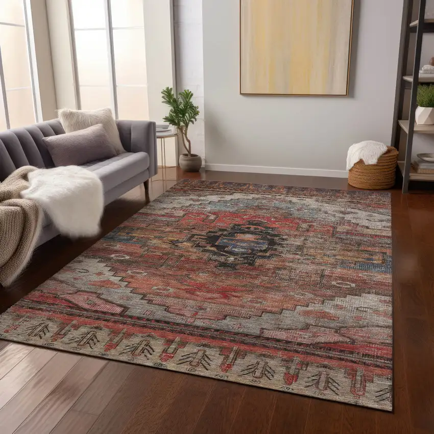 Rust Ivory And Gray Tribal Washable Indoor Outdoor Area Rug Photo 8
