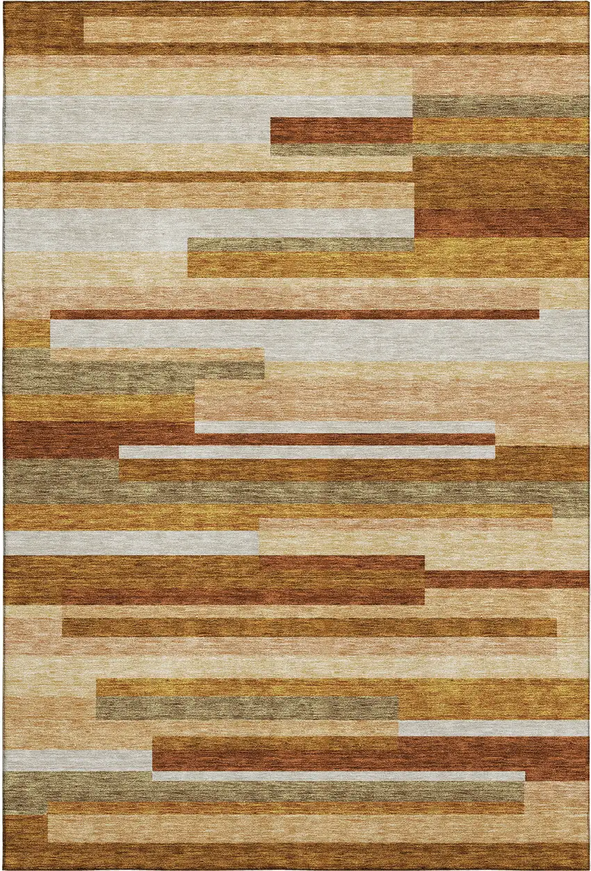 Rust Ivory And Taupe Striped Washable Area Rug With UV Protection Photo 1