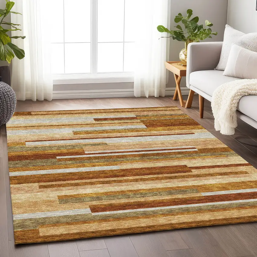 Rust Ivory And Taupe Striped Washable Area Rug With UV Protection Photo 5