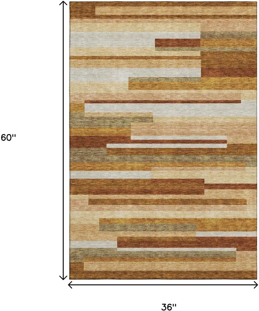 Rust Ivory And Taupe Striped Washable Area Rug With UV Protection Photo 3
