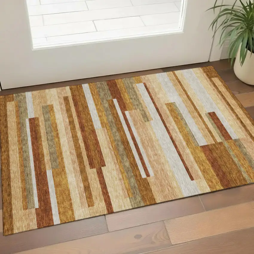 Rust Ivory And Taupe Striped Washable Area Rug With UV Protection Photo 1