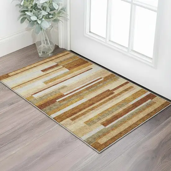Rust Ivory And Taupe Striped Washable Area Rug With UV Protection Photo 2