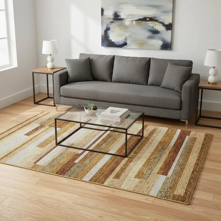 Rust Ivory And Taupe Striped Washable Area Rug With UV Protection Photo 2