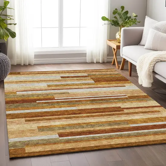 Rust Ivory And Taupe Striped Washable Area Rug With UV Protection Photo 5