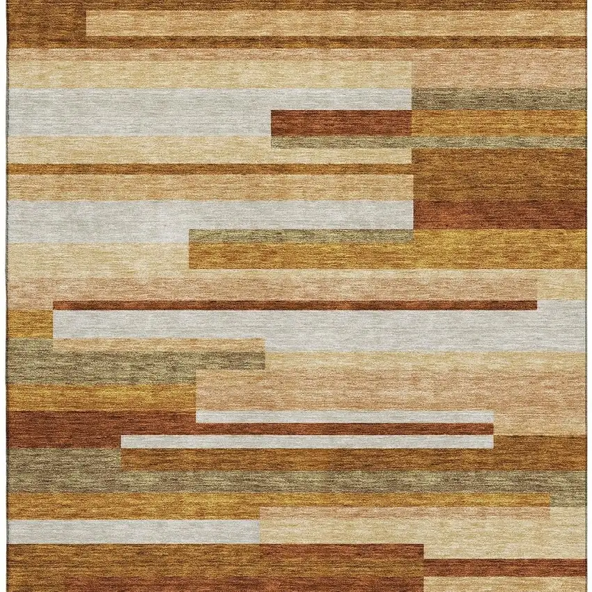 Rust Ivory And Taupe Striped Washable Area Rug With UV Protection Photo 4